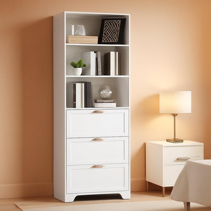 71" Tall Modern White Bookshelf with Storage 3 Drawers Freestanding Display Bookcase, Tall Book Shelf with Organizers and Storage, Display Case for Home Office, Living Room,Study,White
