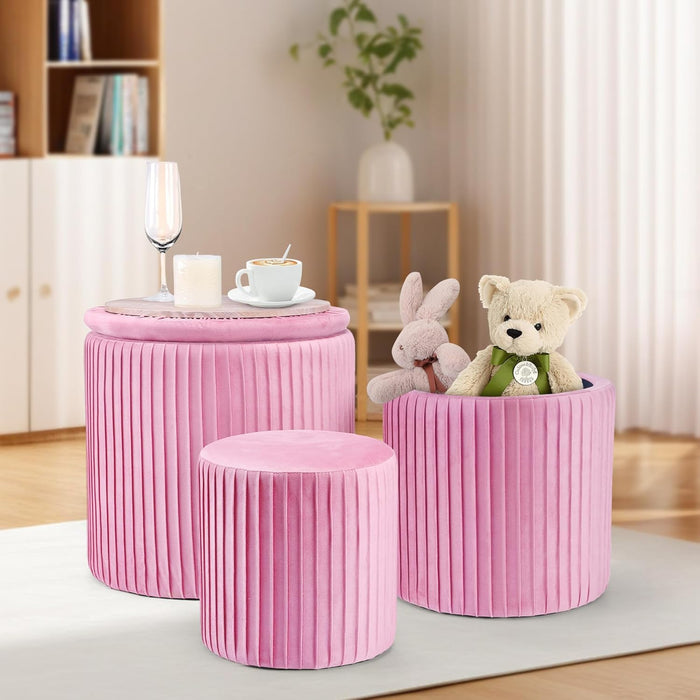 Ottoman Coffee Table,Round Ottoman with Storage Set of 3,Vanity Stool with Storage for Bedroom, Small Velvet Foot Stool for Living Room