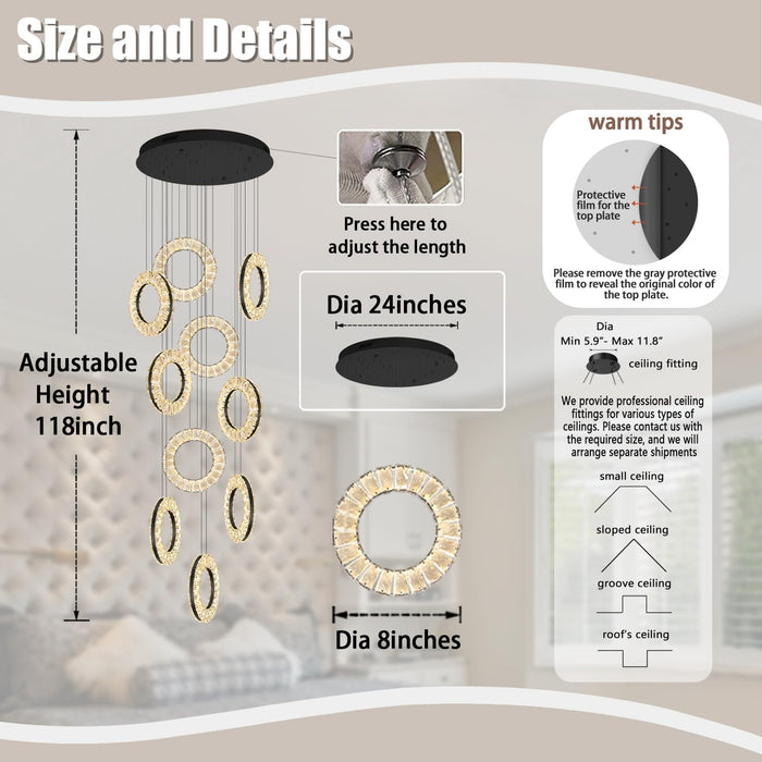 10-Light Crystal Ring Chandelier Ceiling Light Black