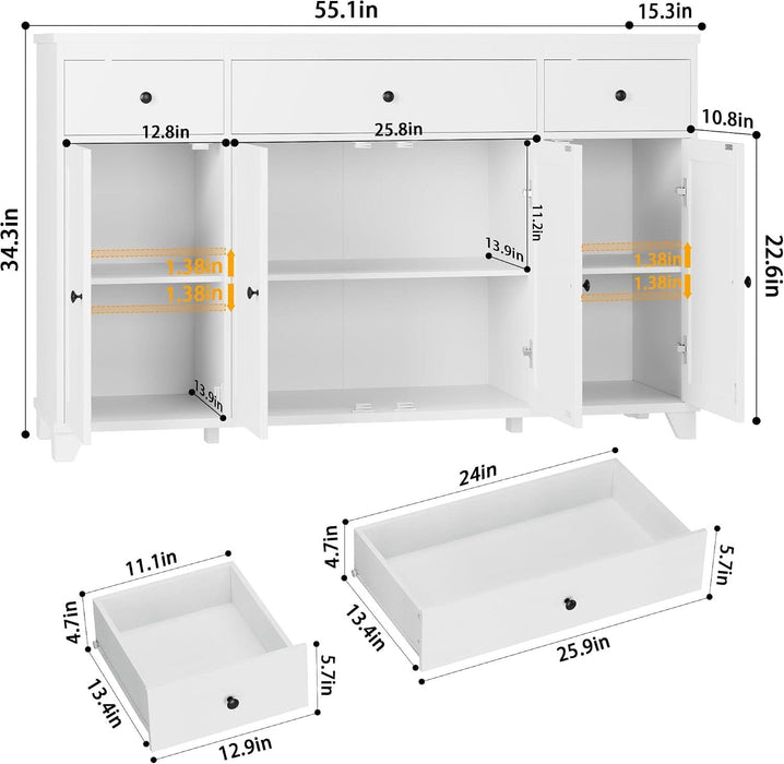 55" Kitchen Buffet Cabinet with Storage, Sideboard with Drawer, White