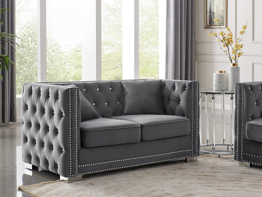 Grey Velvet Loveseat: Button-Tufted, Nailhead Trim, Modern Style