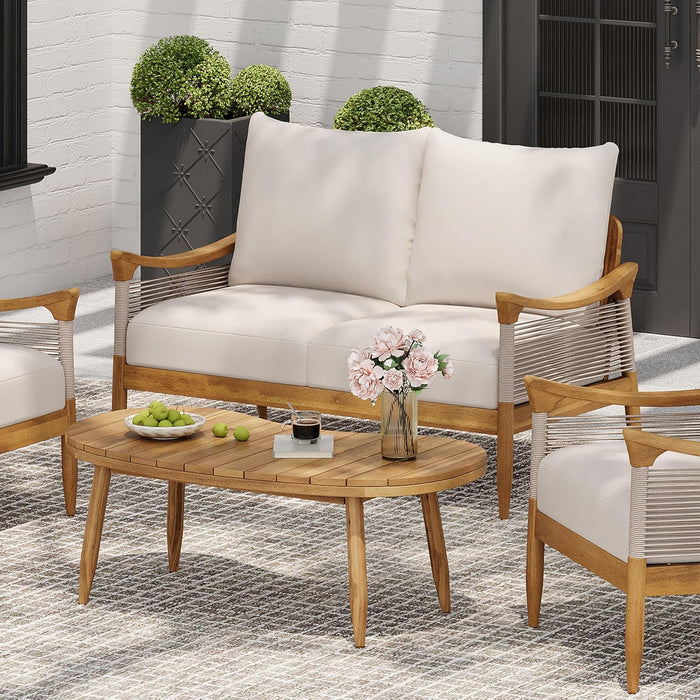 Havets 2 Piece Patio Conversation Sets, Outdoor Acacia Wood Patio Seating Group,Woven Rope Loveseat with Cushions and Coffee Table for Porch Garden Backyard Balcony, Teak+Beige