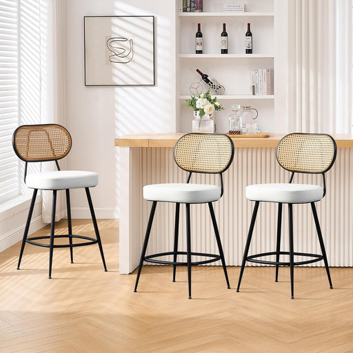 Bar Stools Set of 3, 26" Counter Height Barstools with Rattan Back and Metal Legs, Upholstered Faux Leather Bar Chairs for Kitchen Island, Home Bar, Beige