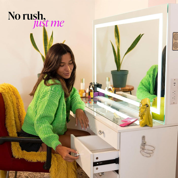 Cleo Vanity Desk with LED Lighted Mirror – 7 Drawer Makeup Station with Integrated Power