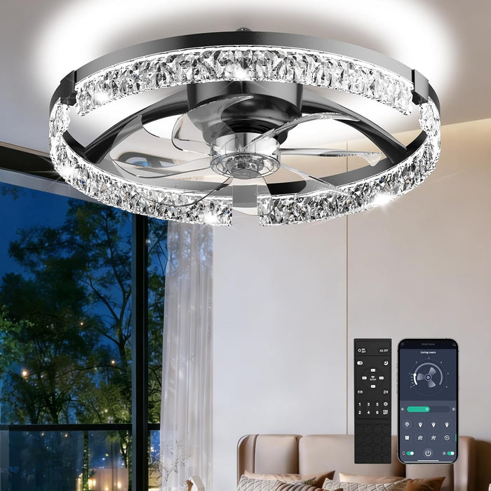 20" Low Profile Ceiling Fan with Light and Remote, Dimmable LED Flush Mount Ceiling Fan, 6 Speeds, White Modern Design for Bedroom/Living Room （Black-Crystal）