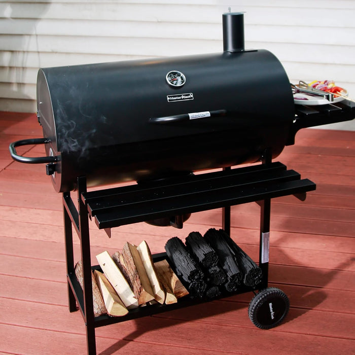 Barrel Charcoal Grill with Foldable Front Shelf, 686 Sq.In. Cooking Area Outdoor Bbq Grill,Thermometer and Adjustable Air Vents for Patio, Parties,Backyard, Tailgating, Black