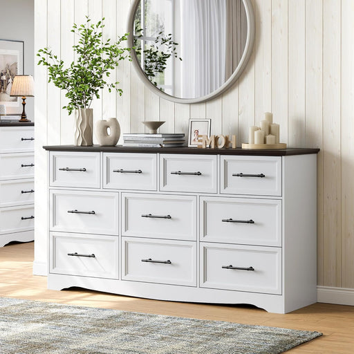 10 Drawer Dresser for Bedroom, 59" Wide Farmhouse Chest of Drawers with Brushed Metal Handle, Wood Dresser TV Stand, Closet Organizers and Storage Cabinet for Bedroom, Living Room, White
