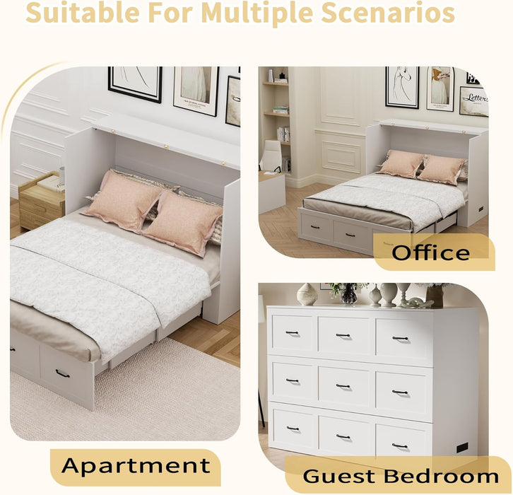 Full Size Murphy Bed with Charging Station and Drawer Farmhouse Cabinet Wood Space-Saving Hidden Folding Platform Bed Chest for Home Office Bedroom Guest Room Apartment,White