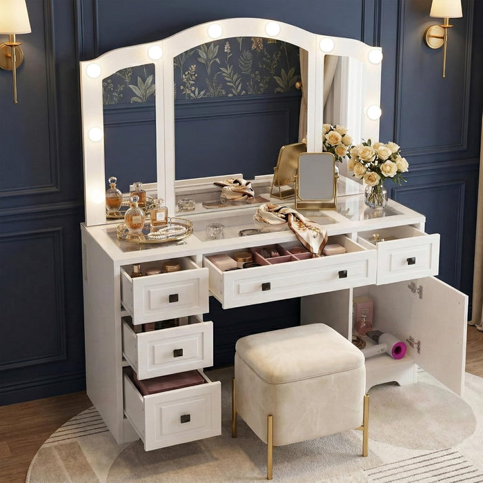 White Lighted Vanity Desk, Tri-Fold Mirror, 5 Drawers, Outlets | Retro Dressing Table with Lights, 5-Drawer Vanity Desk for Women & Girls, Vintage with Glass Top,Hair Dryer Holder