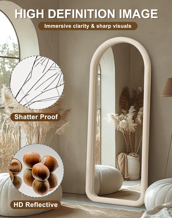 Arched Full Length Mirror, Free Standing Floor Velvet Finish Frame Mirror for Leaning or Hanging, Soft Touch Bedroom & Living Room Decor, Cream White
