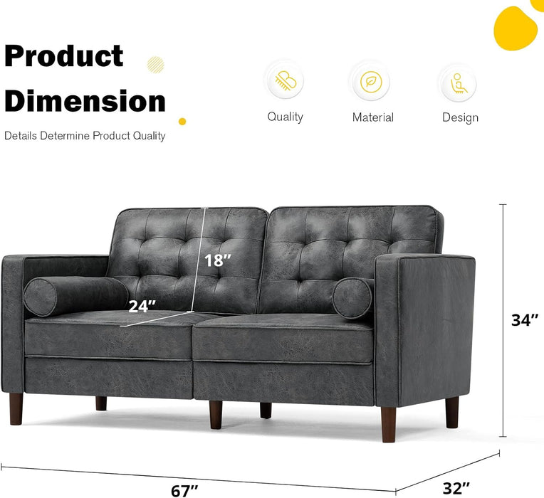 2 Pieces Faux Leather Sofa Set with Bolster Pillows,Tufted 3-Seat Sofa and Loveseat Couch with Wooden Legs, Upholstered Living Room Set for Living Room, Office, Grey