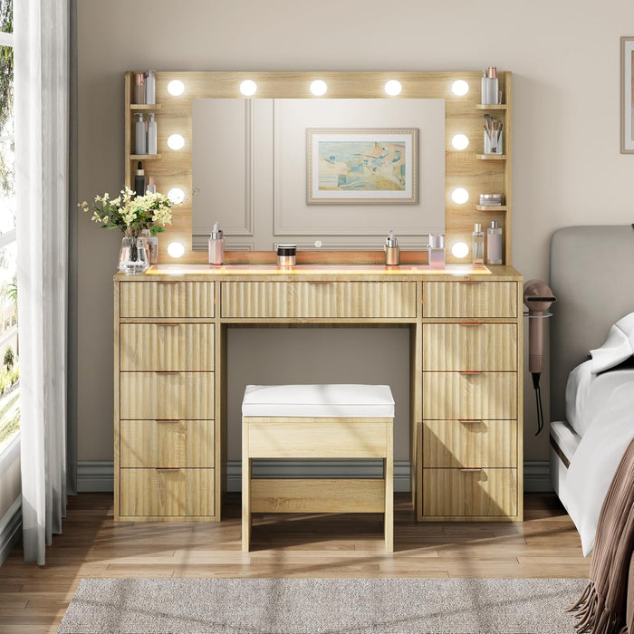 Vanity Desk with Glass Top and 11 LED Bulbs,Makeup Table with Large Mirror & Power Outlet,Hair Dryer Holder,Dressing Table with 11 Drawers & Cushioned Stool for Women and Girls,Bedroom (Natural Oak)