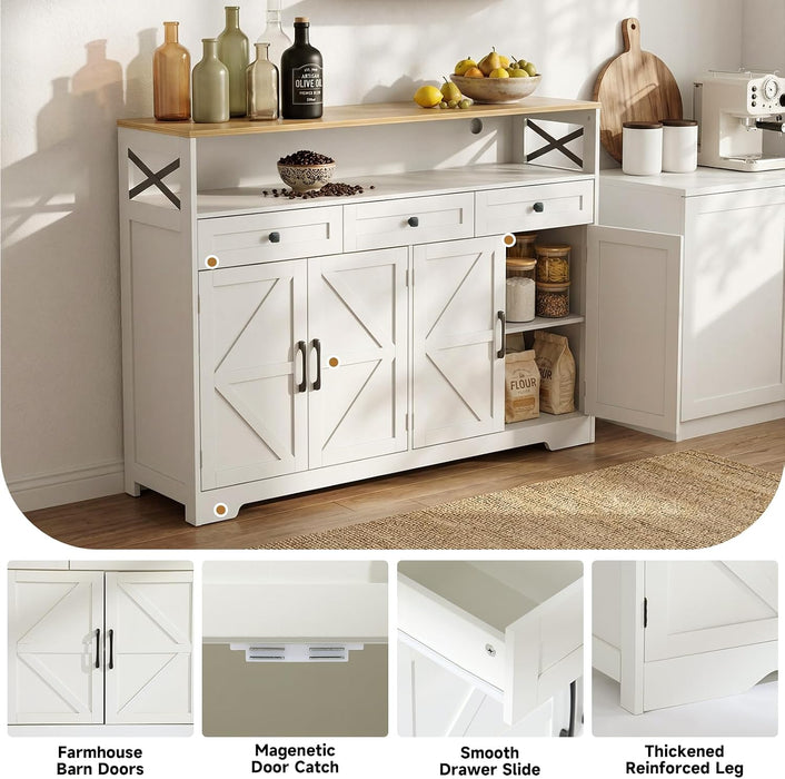 Sideboard Buffet Cabinet with Storage, 55" Kitchen Buffet Cabinet with Charging Station, Farmhouse Coffee Bar Station with Drawers and Doors, Credenza for Kitchen Living Room Entryway, White
