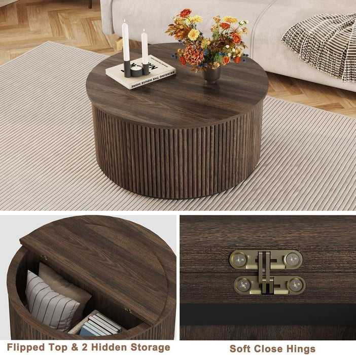 round Coffee Table, Fluted Woodern Center Table with Storage, Mid-Century Modern Cocktail Tables for Small Space, Living Room, Bedroom (31.5 Inch, Dark Walnut)