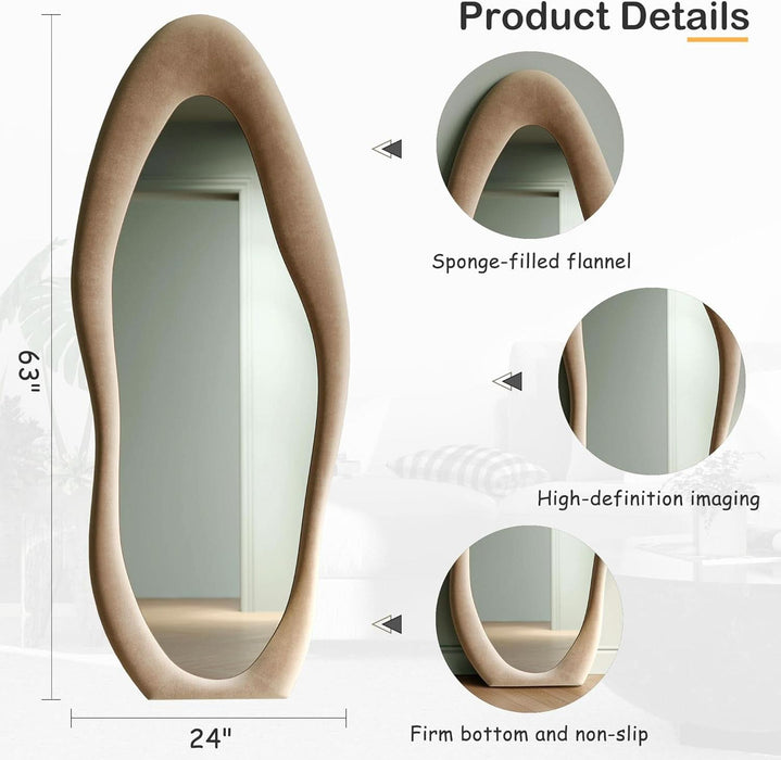 Full Length Mirror, 63" X 24" Wall Mirror, Flannel Wrapped Wooden Frame Floor Mirror, Irregular Wavy Mirror Hanging or Leaning against Wall for Cloakroom/Bedroom/Living Room, Milk Tea