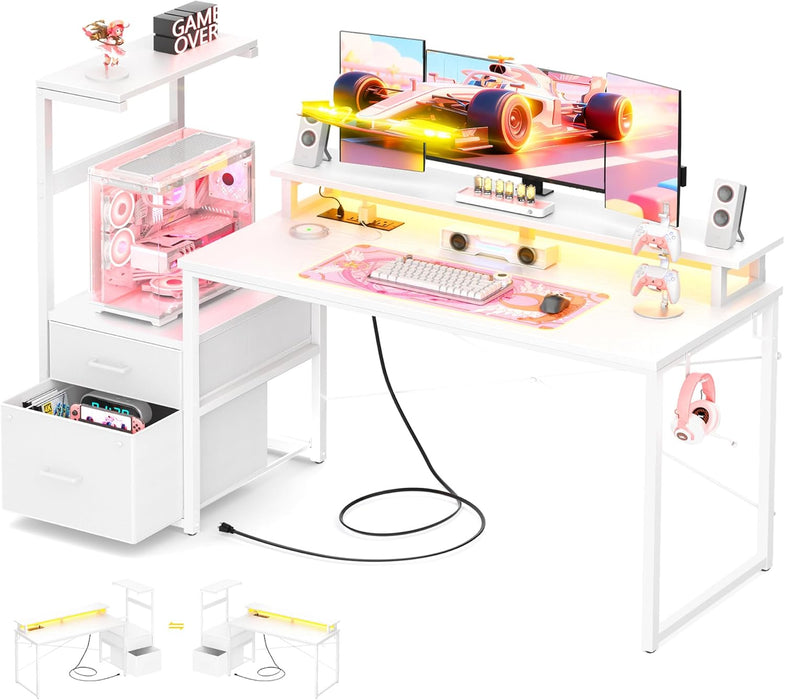 Gaming Desk with LED Strip & Power Outlet, 59Inch Reversible Computer Desk with Monitor Stand & Storage Shelves, Home Office Desks with Fabric File Drawer, Gamer Table PC Desk, White