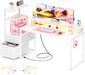 Gaming Desk with LED Strip & Power Outlet, 59Inch Reversible Computer Desk with Monitor Stand & Storage Shelves, Home Office Desks with Fabric File Drawer, Gamer Table PC Desk, White