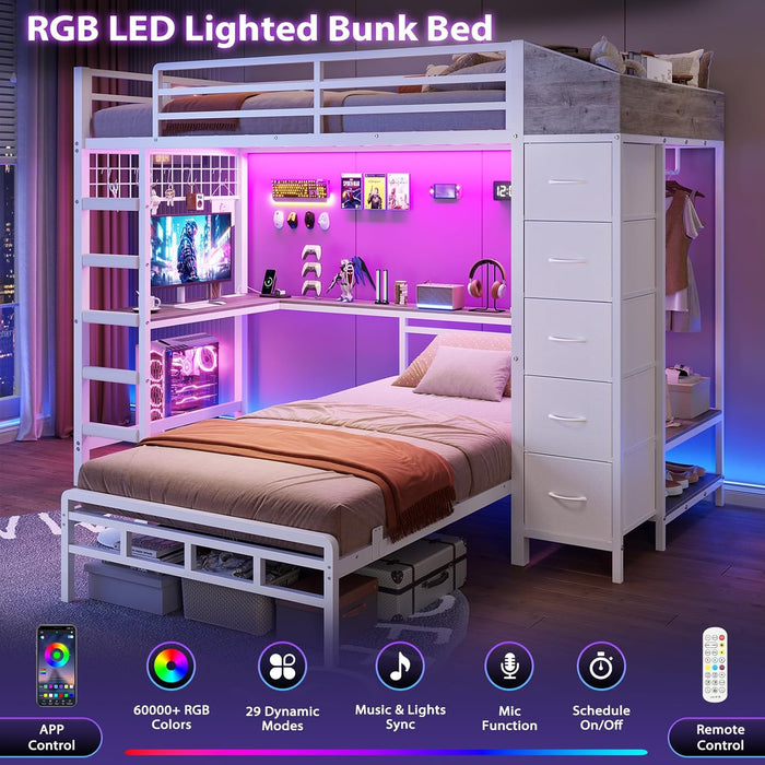Bunk Bed Twin over Twin with Hall Tree, Charging Station and LED Lights, L-Shaped Bunk Bed with Desk, 5 Storage Drawers, Twin Bunk Beds with Guardrail & Stairs, No Box Spring Needed, White