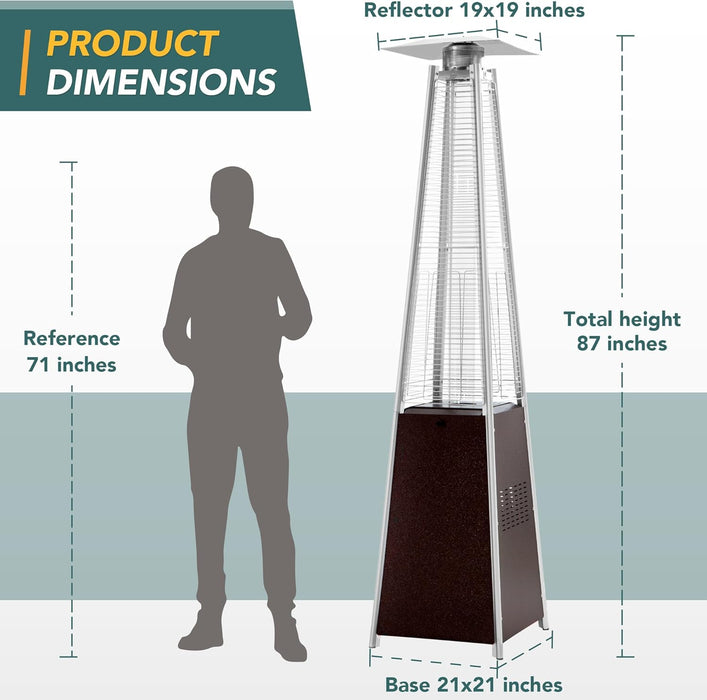 Patio Heater, 48,000 BTU Pyramid Flame Outdoor Heater with Cover, Quartz Glass Tube Hammered Bronze Tower Propane Outdoor Heater with Wheels