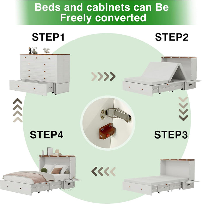 Queen Murphy Bed Included Mattress：Wood Murphy Bed Cabinet with USB Charging Station and Large Storage Drawer for Bedrooms/Guest Rooms/Apartments, White-1