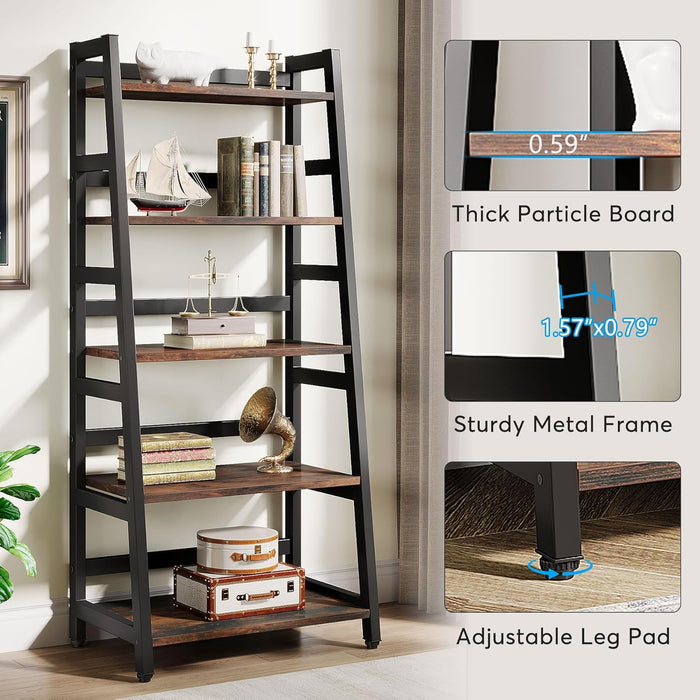 5-Tier Bookshelf Industrial Bookcase, 5 Shelf Ladder Shelf Book Storage Shelf Organizer for Living Room, Home Office