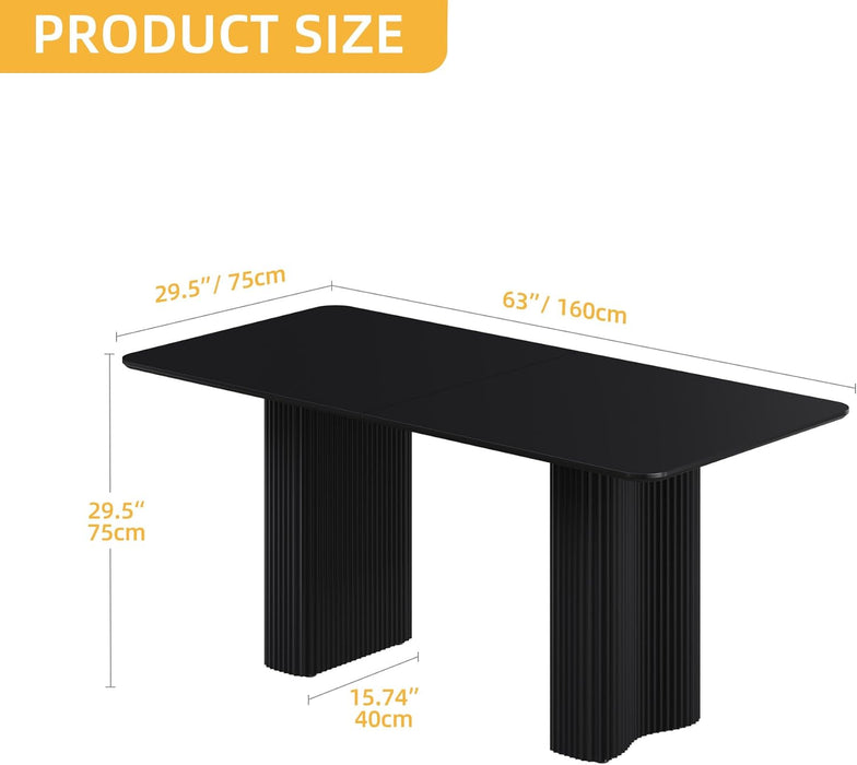 63'' Dining Table for 4-6 People Modern Rectangular Kitchen Table with Solid Wave Curved Legs Large Cream Black Dinner Table for Dining Room Kitchen Home Office Apartment Office Black