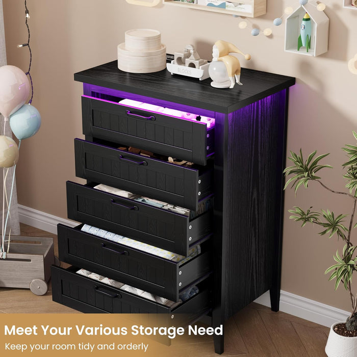 5 Drawer Dresser for Bedroom with Charging Station and LED Lights, Farmhouse 44.9" Tall Chest of Dresser with Large Storage, Rubst Wood Construction for Living Room, Hallway & Entryway, Black