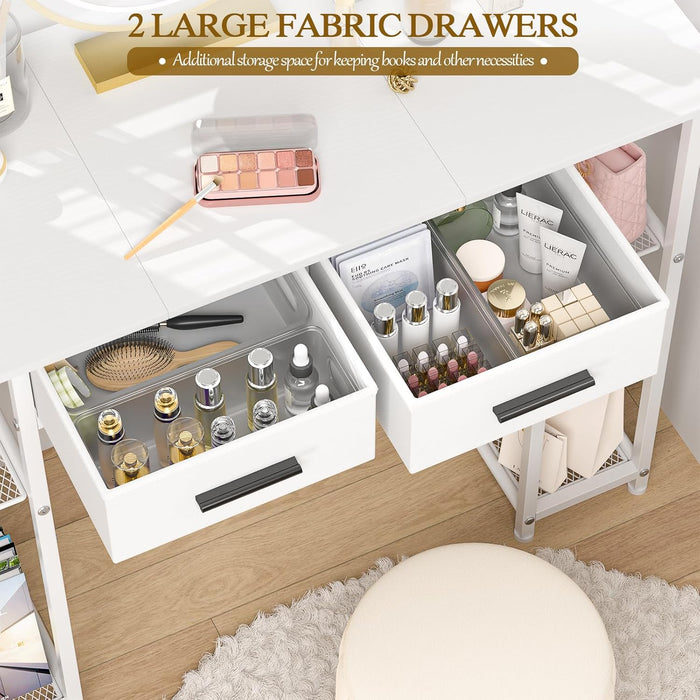 White Vanity Desk No Mirror, Small Makeup Table with Drawers, Girls Vanity Dressing Table with Storage Shlef for Bedroom, 37.3 Inches Compact Vanity for Small Spaces