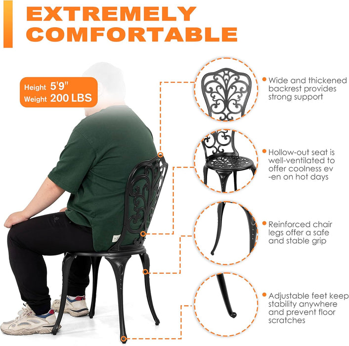 3 Piece Bistro Set Outdoor, All Weather Cast Aluminum Patio Bistro Sets Patio Table and Chairs Set of 2 with Umbrella Hole for Yard, Balcony, Black, Butterfly Backrest