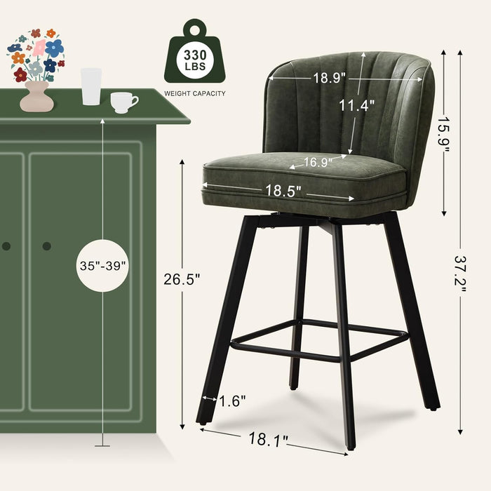 Swivel Counter Height Bar Stools Set of 2, 26'' Modern Barstools with Backs and Metal Legs, Upholstered Bar Chairs, Faux Leather Green Stools for Kitchen Island Chairs