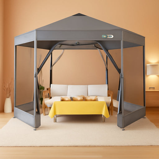 16X16 Pop up Gazebo on Clearance, Hexagonal Outdoor Canopy Tent with Mosquito Netting，Adjustable Height and 256 Square Ft of Shade for Party, Backyard, Gardens with Vented Top（Gray）