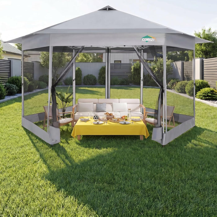 16X16 Pop up Gazebo on Clearance, Hexagonal Outdoor Canopy Tent with Mosquito Netting，Adjustable Height and 256 Square Ft of Shade for Party, Backyard, Gardens with Vented Top（Gray）