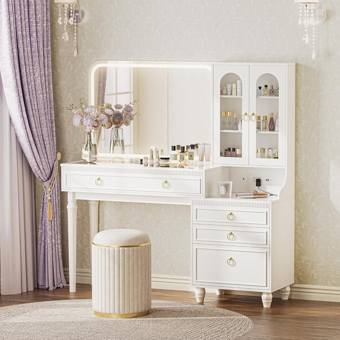 53 Inch Makeup Vanity Desk with Large Mirror and Lights, Vanity Table with Power Outlets and USB-C Port, Glass Top, 4 Divided Drawer Storage, Big Vanity with Cabinet, Adjustable Shelves, White