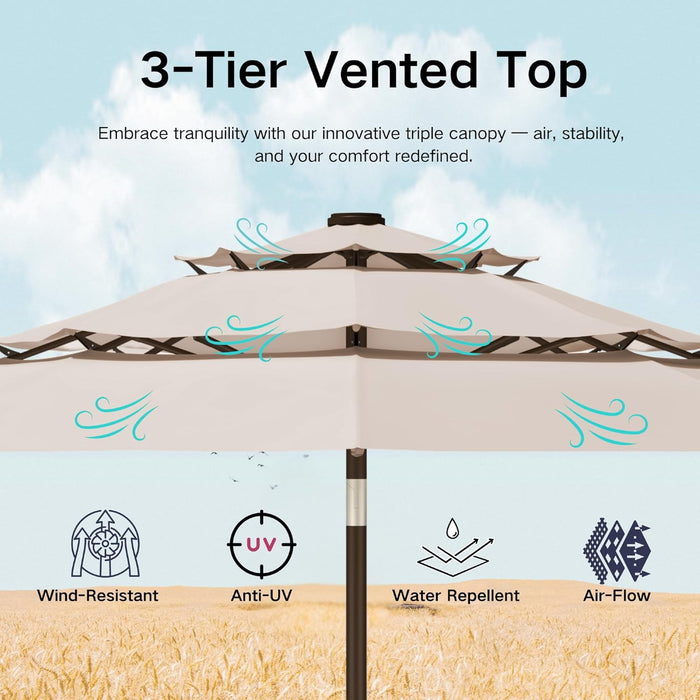 9Ft 3-Tier Patio Umbrella with Solar Lights, Table Umbrella Outdoor Patio with Easy Crank & Tilt, 8 Sturdy Ribs, UV Protection, 32 LED Lights for Deck, Poolside, Market (Beige)