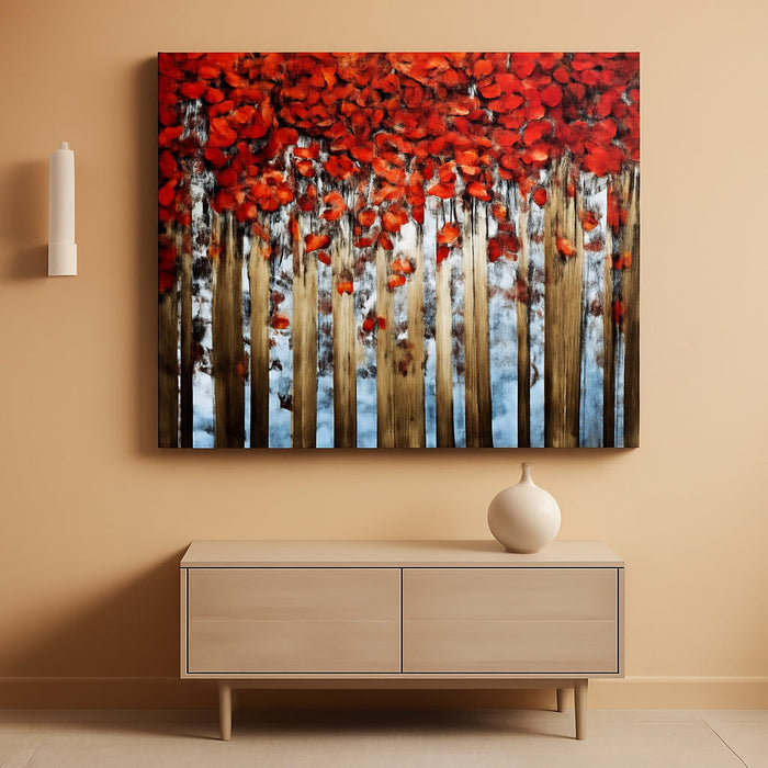 Art, 24X48 Inch Paintings Oil Abstract Red Birch Trees Wall Art Contemporary 3D Hand-Painted on Canvas Artwork Art Wood inside Framed Hanging Living Room Bedroom Wall Decoration