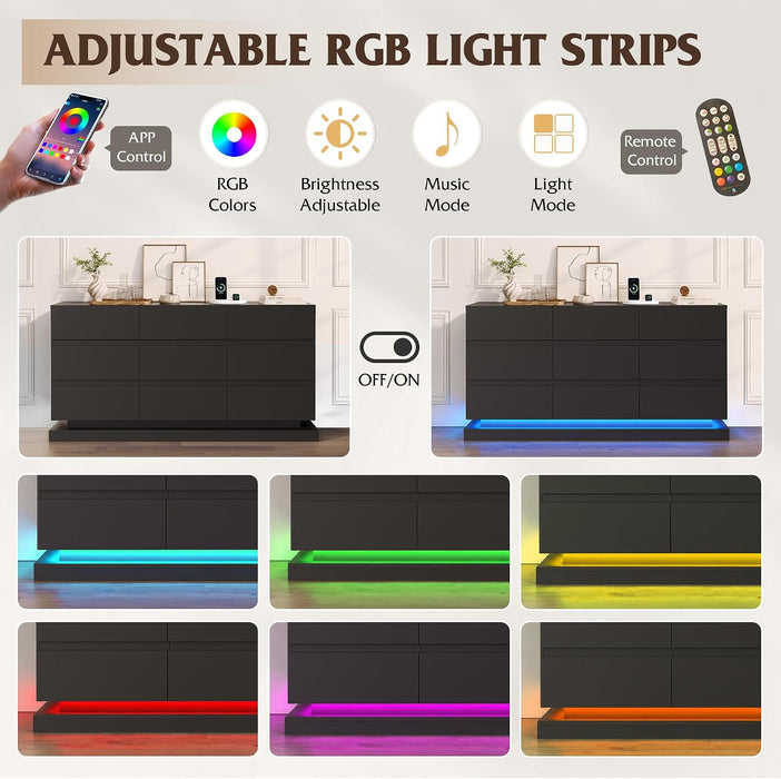 9 Drawer Dresser with LED Light, Dresser with Charging Station