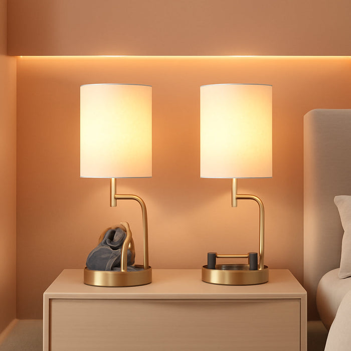 Table Lamp with 3 USB Charging Ports, Modern Desk Lamp with AC Outlet and Phone Stands, Perfect Bedside Lamp for Bedroom, Living Room, Office (Pack of 2), Gold