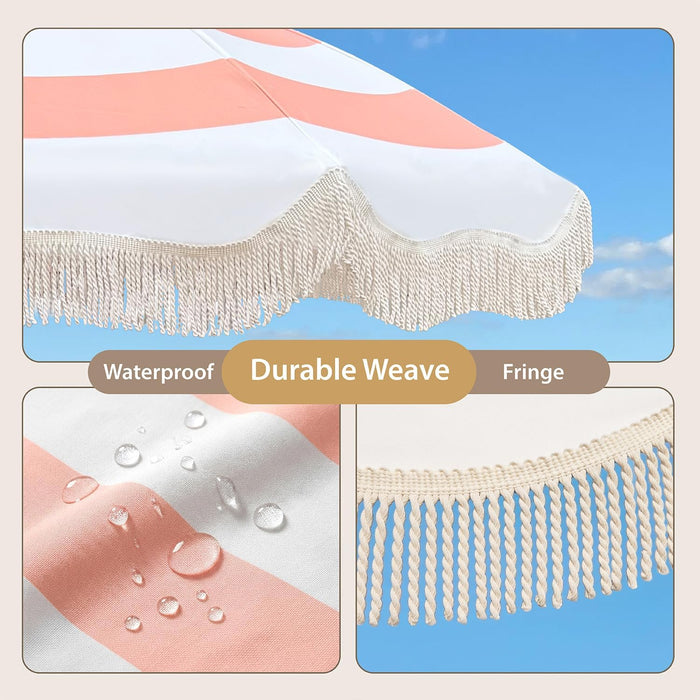 Upgraded Boho Fringe Umbrella, 6.5Ft Canvas Umbrella
