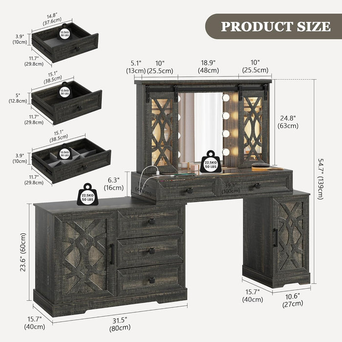 Farmhouse Makeup Vanity with Mirror & Lights, Large Vanity Desk with 5 Drawers & 9 Storage Shelves, Dressing Table with Jewelry Armoire, Vanity Gifts for Wife Girlfriends Women/Lady Girl (Brown)