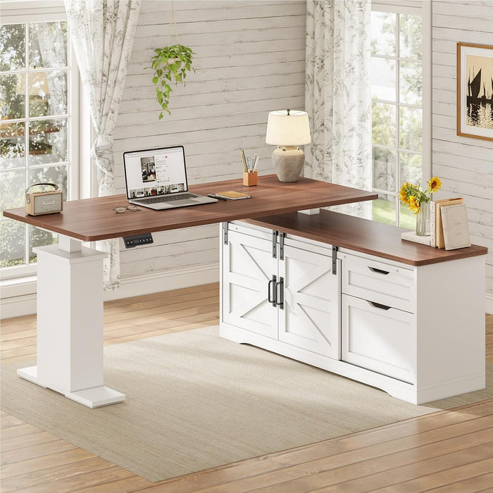 Farmhouse L Shaped Standing Desk, 55 Inch Height Adjustable Corner Desk with Storage Drawers, Standing Computer Desks with Power Outlets for Home Office, White