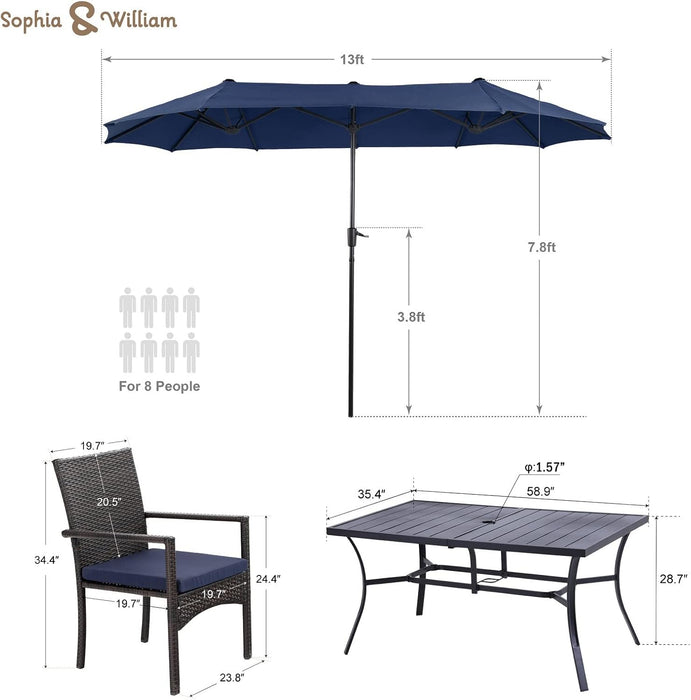 Patio Outdoor Table and Chairs Set with Umbrella Navy, Patio Dining Sets for 6, 7 Pieces Patio Table Set Clearance for Backyard Deck Porch Outside, Metal Table with Hole & Cushioned Rattan Chairs