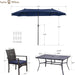 Patio Outdoor Table and Chairs Set with Umbrella Navy, Patio Dining Sets for 6, 7 Pieces Patio Table Set Clearance for Backyard Deck Porch Outside, Metal Table with Hole & Cushioned Rattan Chairs