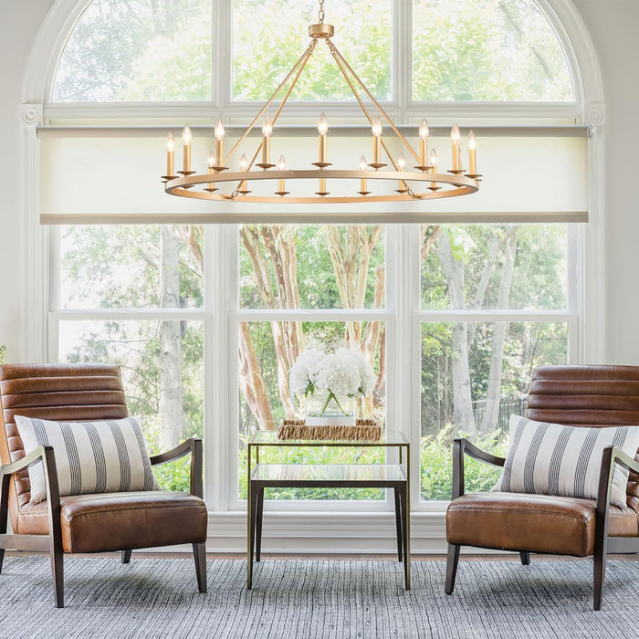 Gold Wagon Wheel Chandelier 48-Inch 20-Light,Extra Large Circle Rustic Farmhouse Light Fixture,Round Metal Chandeliers for Foyer Entryway Dining Room Living Room High Ceilings (E12 Base)