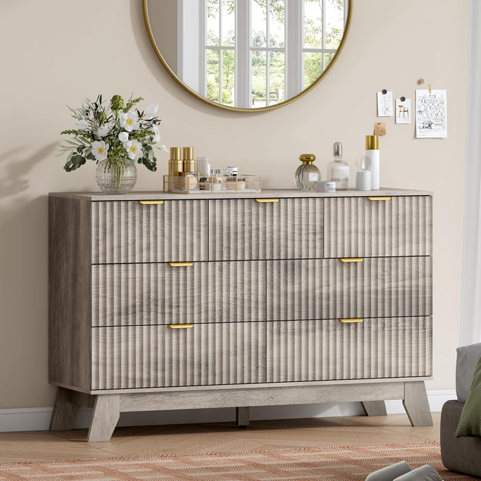 7 Drawer Fluted Dresser for Bedroom, Mid Century Modern Wooden Dresser with 7 Drawers, Dressers & Chests of Drawers with Metal Handle, TV Stand & Storage Organizer for Entryway, Hallway, Grey