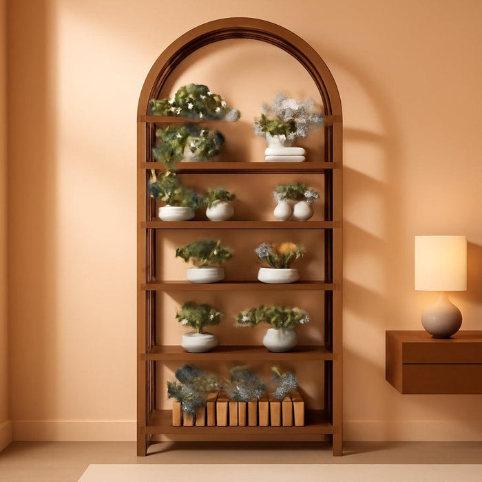 5-Tier Solid Wood Open Bookcase, Modern Arched Bookshelf, Home Office Shelf Storage Organizer, Storage Display Rack Shelf for Living Room (Walnut)