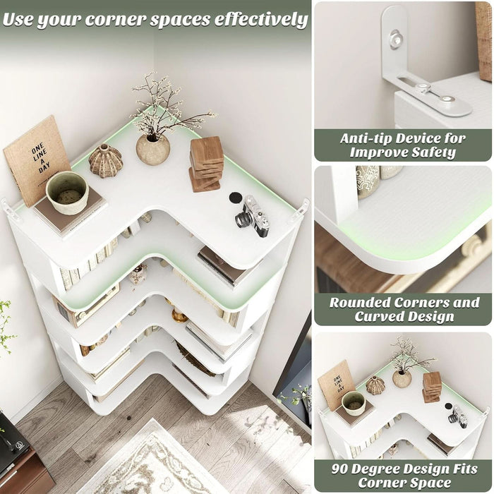Corner Book Shelf - 6 Tier Corner Bookshelf Etagere Bookcase with Baffle, Freestanding L Shaped Display Shelf Stand for Home Office, Living Room, Bedroom, Kitchen, White