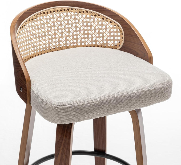 30" Swivel Rattan Bar Stools Set of 2,Mid-Century Modern Beige Linen Fabric Upholstered Counter Height Stools,Kitchen Island Barstools with Rattan Low Backrest,Walnut Wood Finish Bar Chair