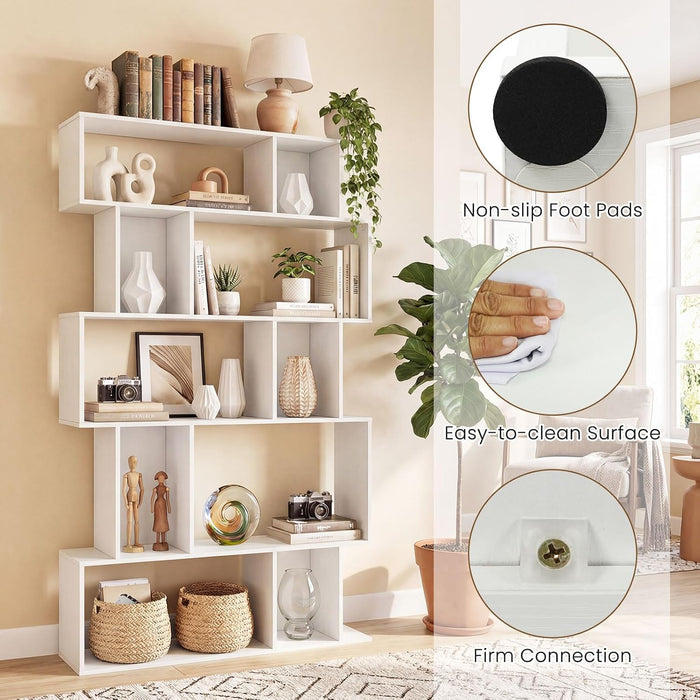 5-Tier Bookshelf, 10-Cube White Geometric Bookcase with 5 Closed-Back Cubbies, Anti-Toppling Kits, Open Display Storage Shelf for Living Room, Home Office, Bedroom