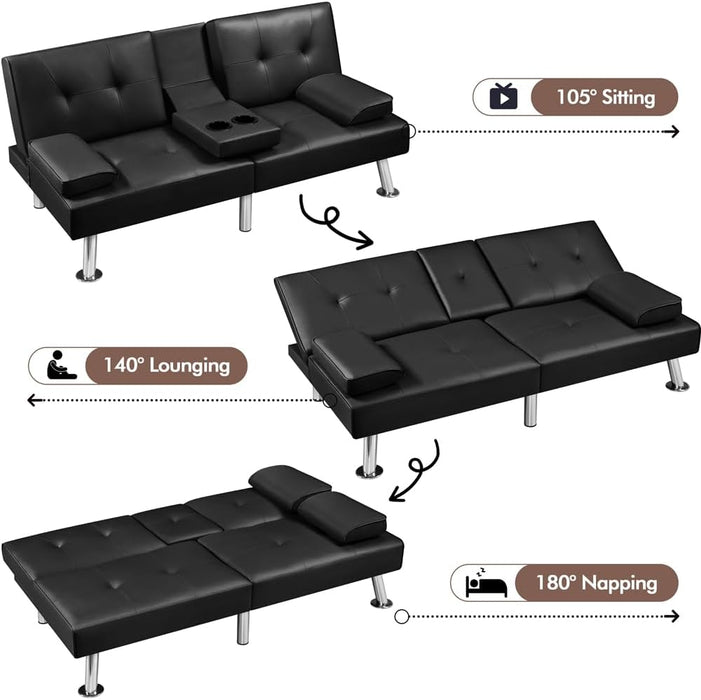 Convertible Sofa Bed Adjustable Couch Sleeper Modern Faux Leather Recliner Reversible Loveseat Folding Daybed Guest Bed, Removable Armrests, Cup Holders, 3 Angles, 772Lb Capacity, Black