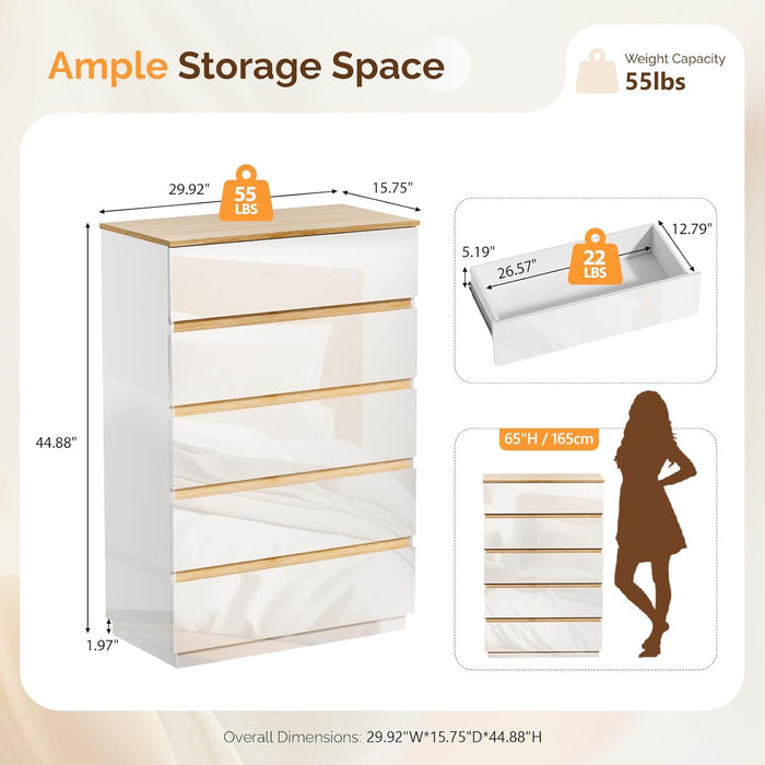 5 Drawer Dresser for Bedroom, 45" H Tall Dresser Chest of Drawers, High Gloss Wood Modern Storage Cabinet with Brown Top
